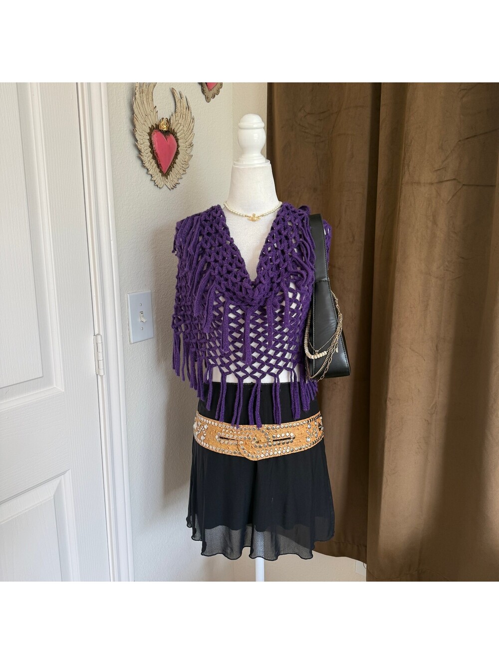 Mudd Y2K Purple Crochet Fringe Poncho Scarf Boho Witch Festival Sparkle Cover Up